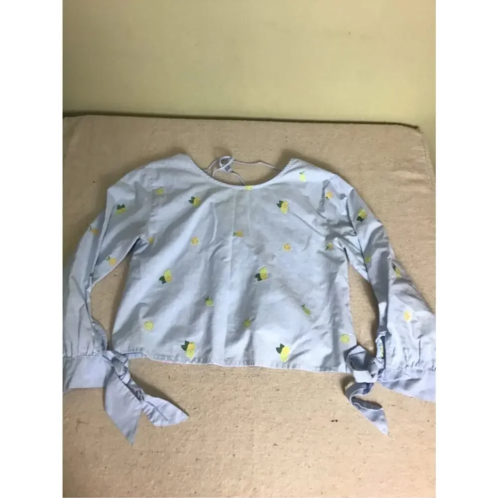 Rebellion Again lemon print crop top with Tie Wrist Sleeves Blue Sz.Medium